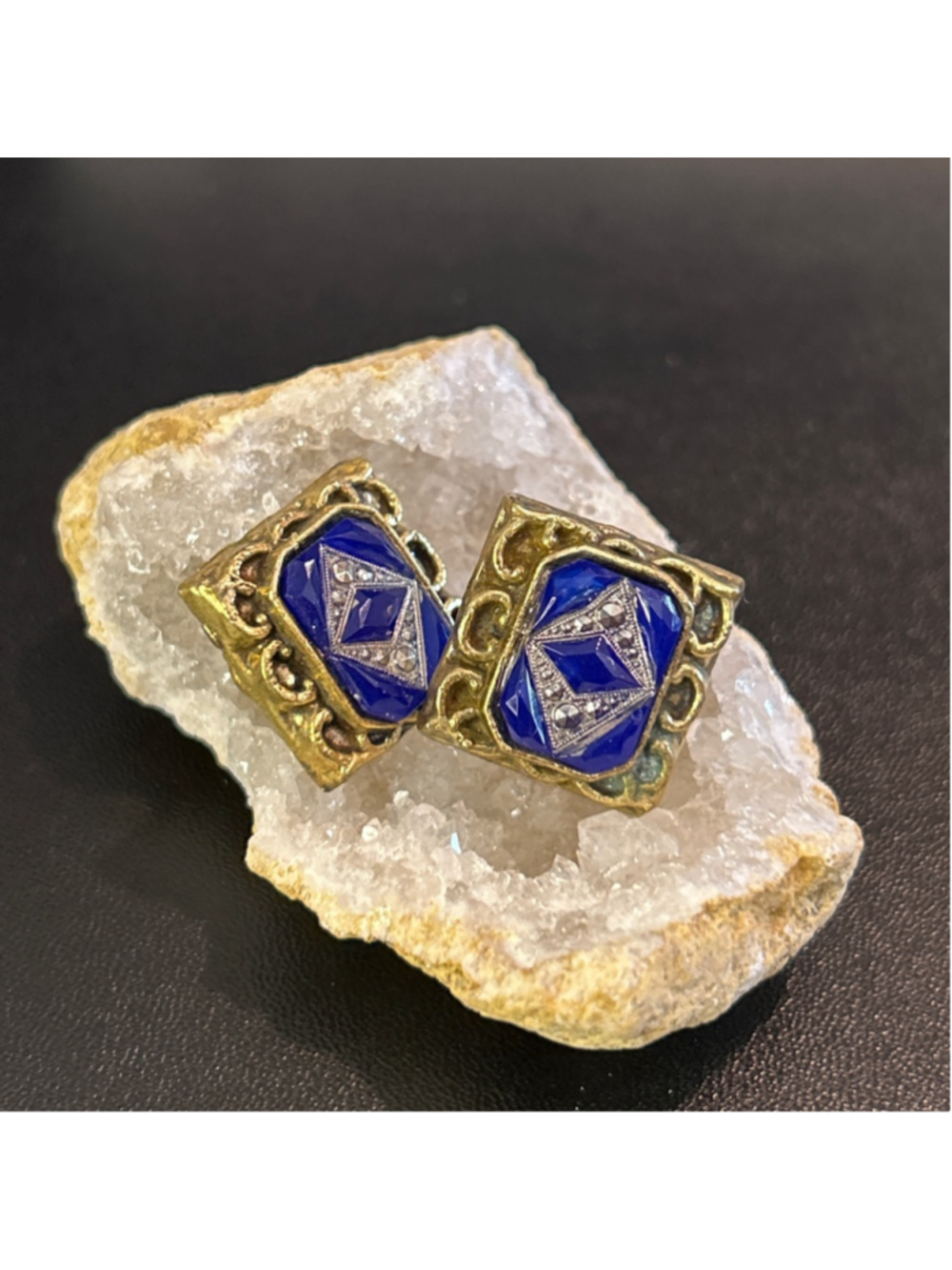 Women's unique Nemo Gold & Blue Art Deco Screw Back Earrings One Size